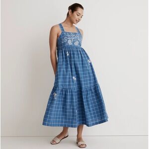 Madewell Embroidered Cicely Tiered Midi Dress in Plaid Blue 16